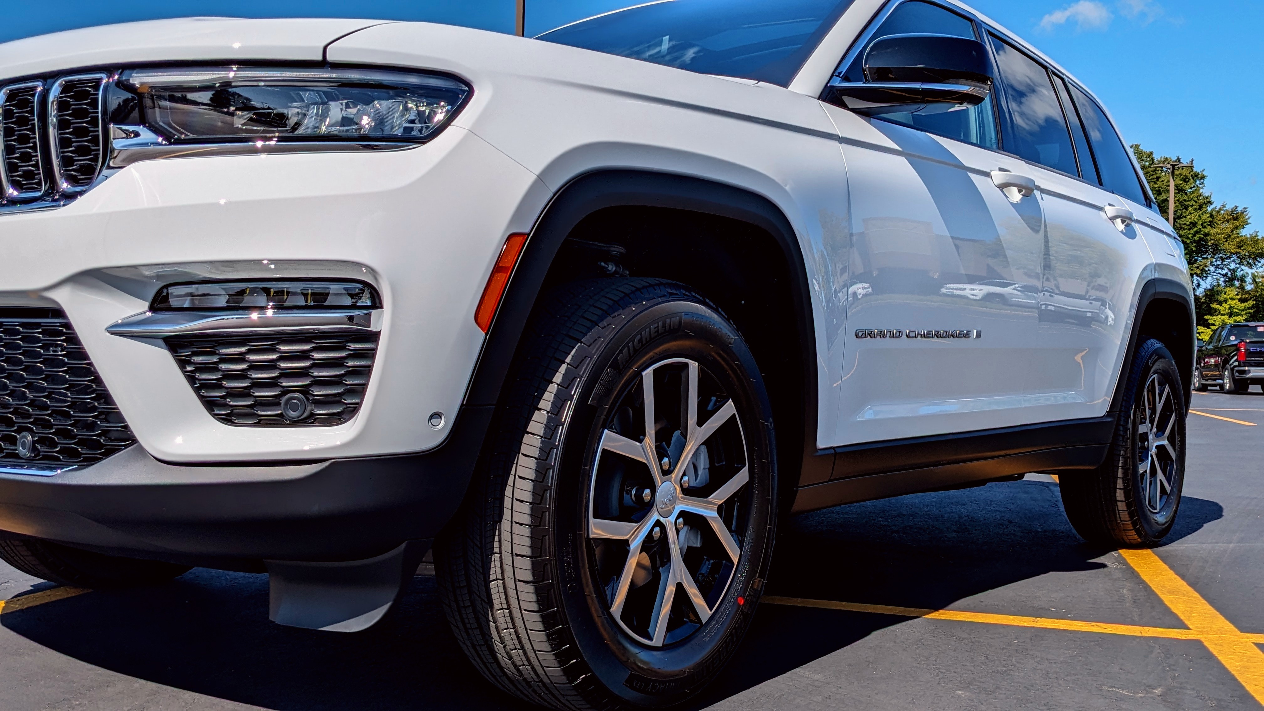 Low profile upclose of a white SUV