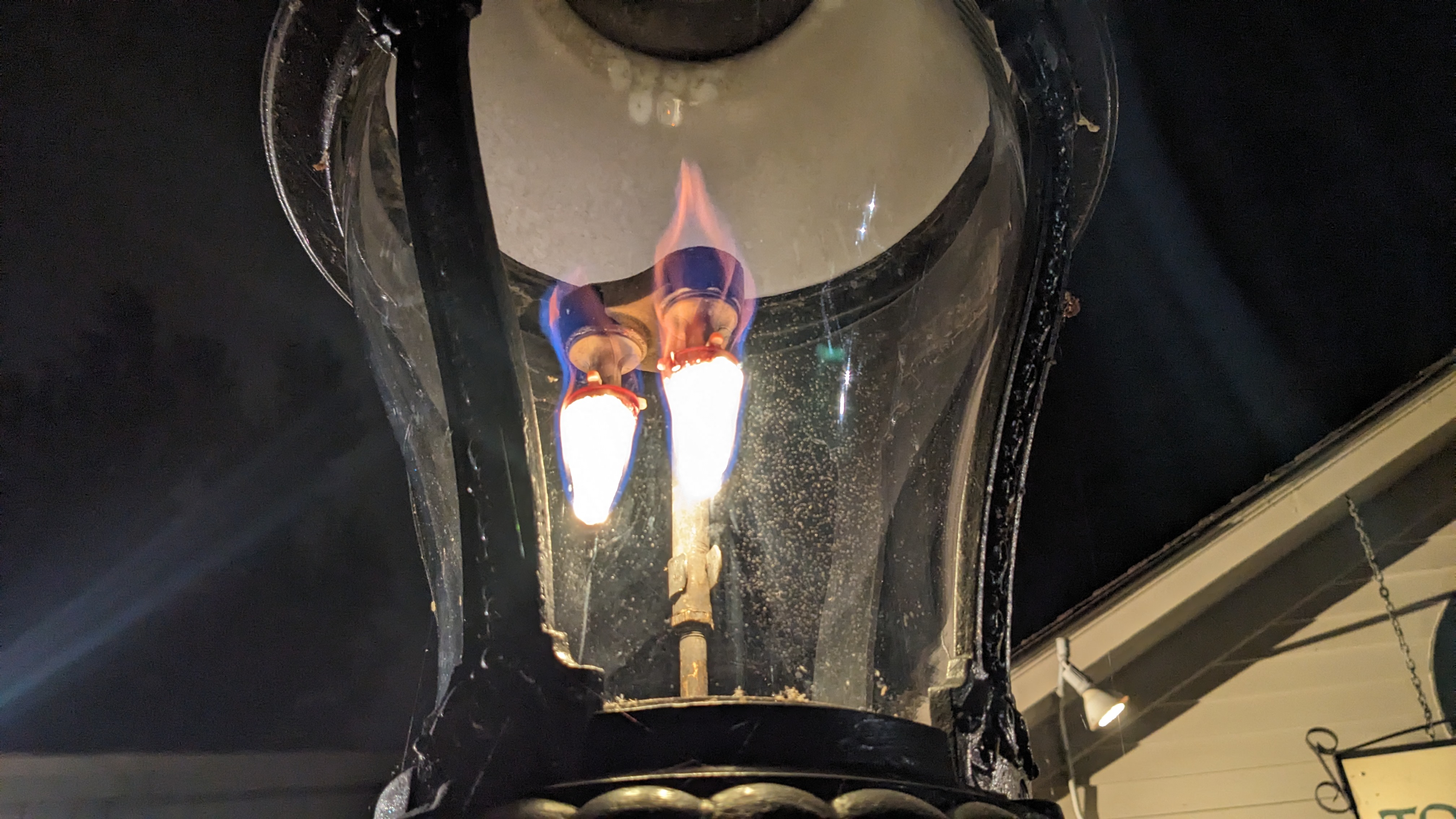 Small Town Street Lighting Where the Bulbs Glow with Flames