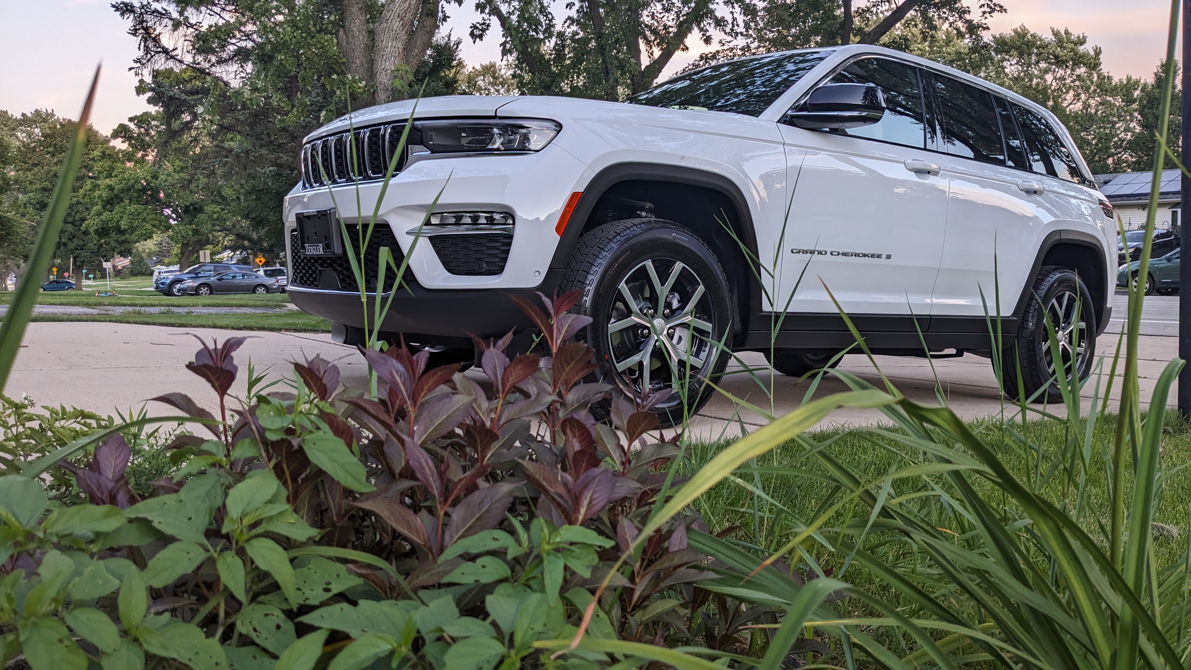 A White SUV is spotted behind a flower bed