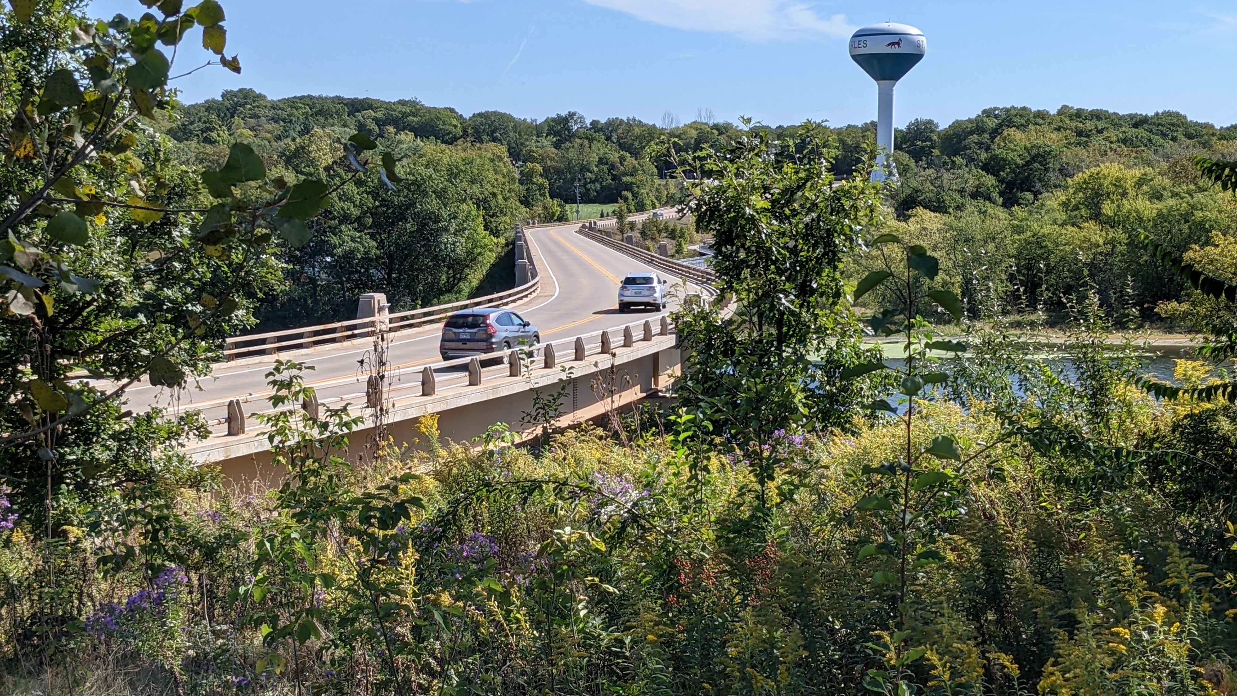 Bridge winds through woods over the river
