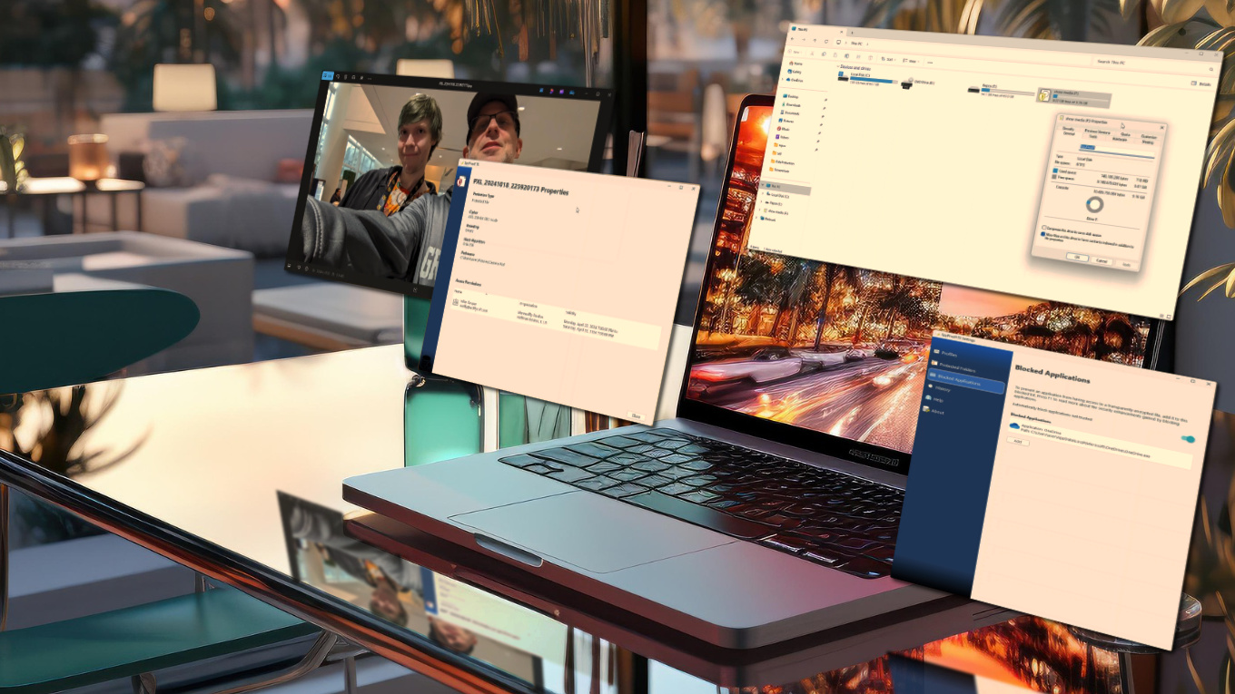 Your basic laptop sitting on a glass desk in a Florida office with screenshots floating in front of the screen