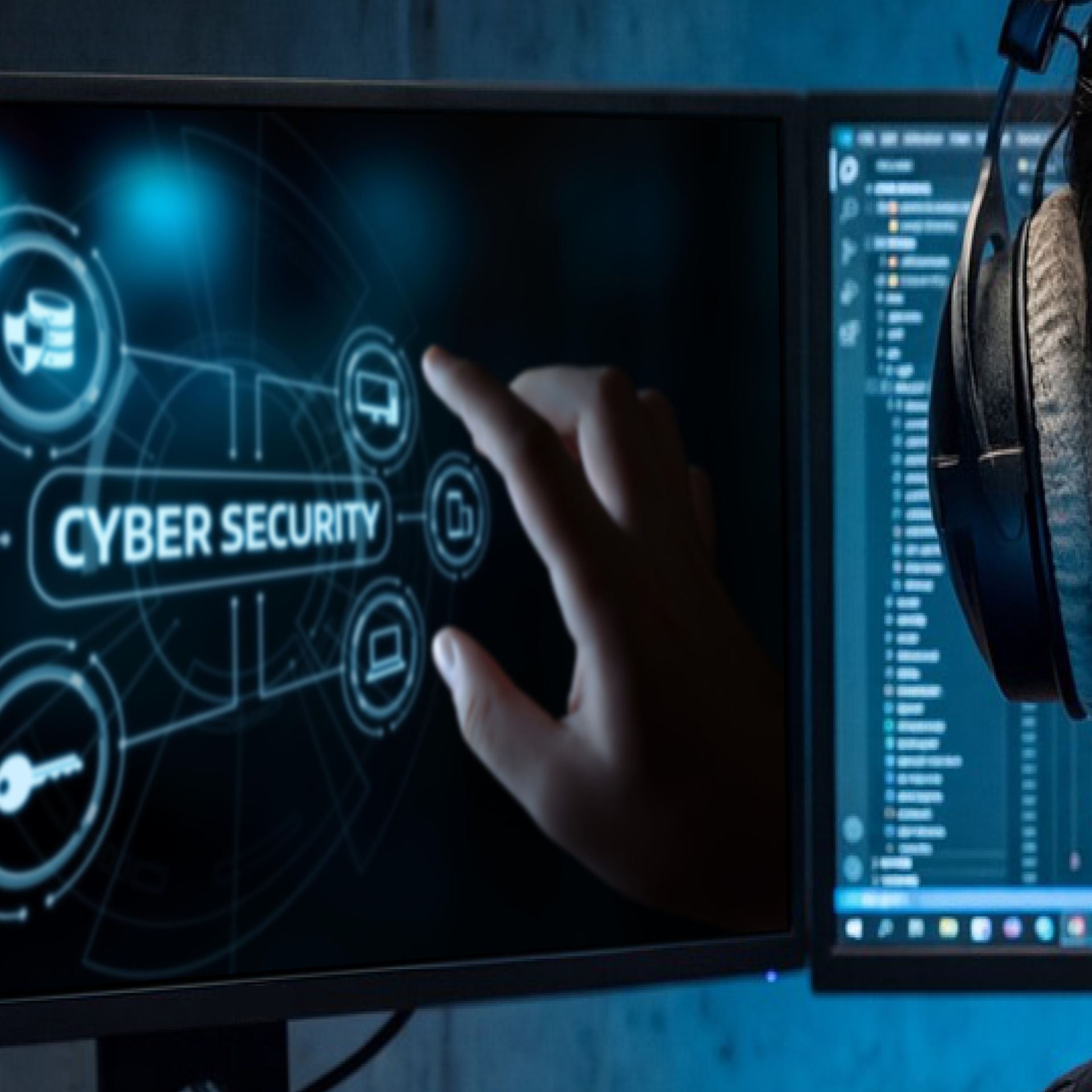 The words cybersecruity on a monitor next to the developer in action