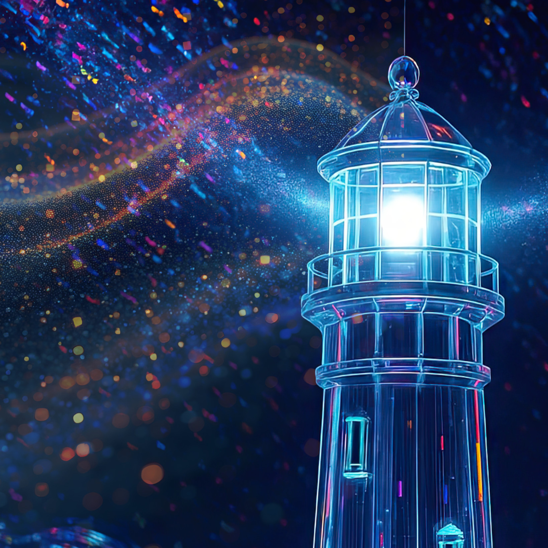A digital render of a lighthouse and its spotlight