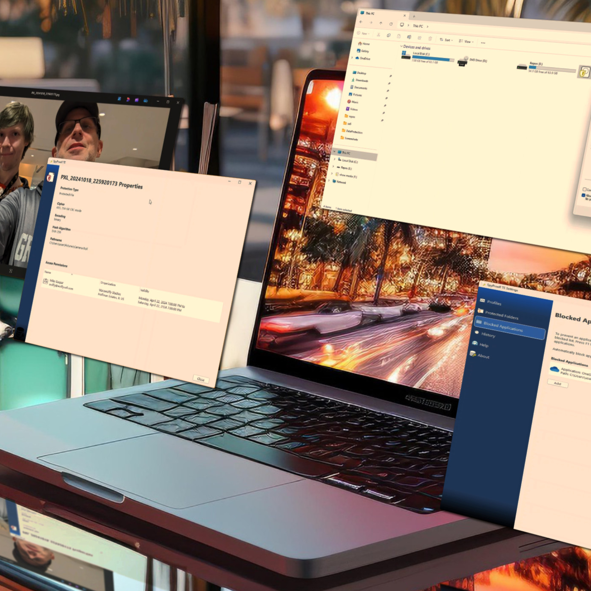 A laptop with application windows in front of screen