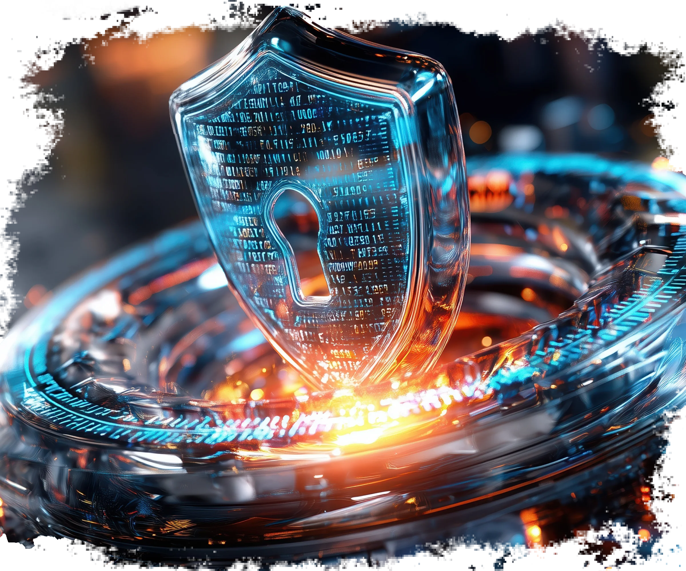 Glass lock rising from the ring of security over a motherboard